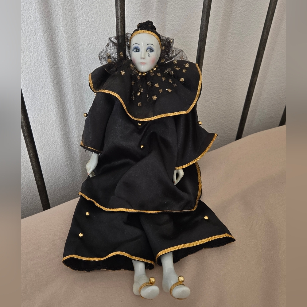 Vintage Harlequin Clown Doll with Black and Gold Accents